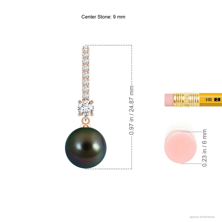 9mm AAAA Leverback Tahitian Pearl Drop Earrings in Rose Gold ruler