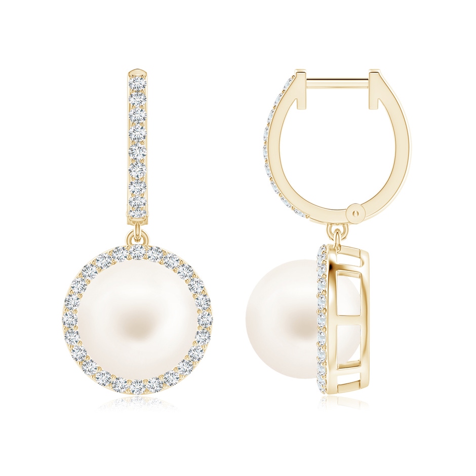 10mm AA Freshwater Pearl Halo Drop Earrings in Yellow Gold 