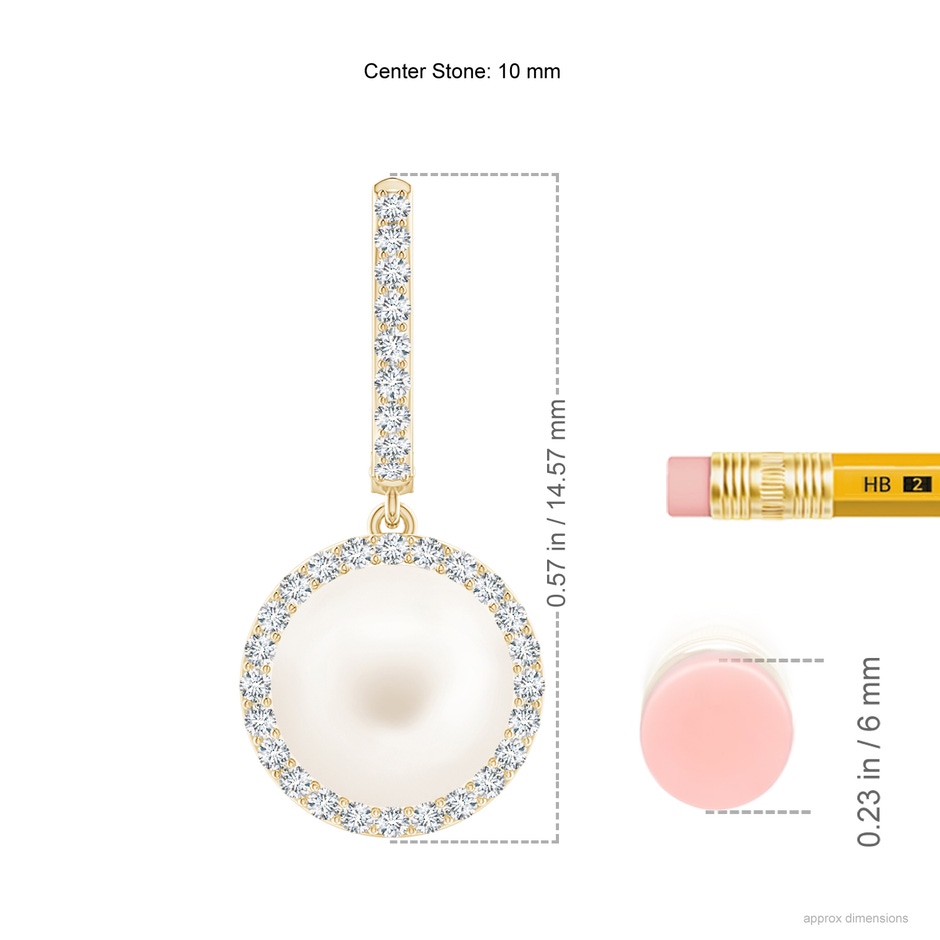 10mm AA Freshwater Pearl Halo Drop Earrings in Yellow Gold ruler