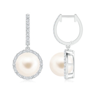 10mm AAA Freshwater Pearl Halo Drop Earrings in White Gold