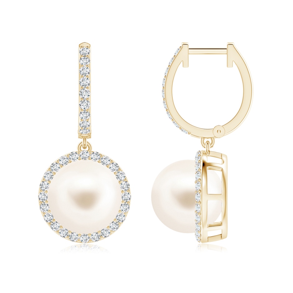 10mm AAA Freshwater Pearl Halo Drop Earrings in Yellow Gold 