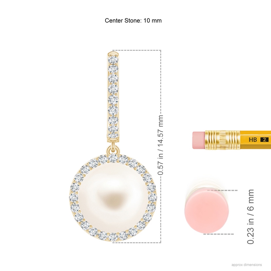 10mm AAA Freshwater Pearl Halo Drop Earrings in Yellow Gold ruler