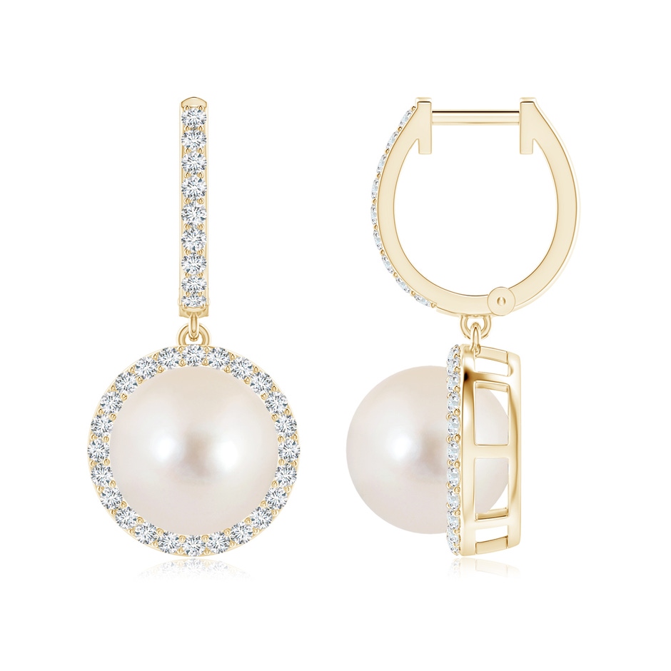 10mm AAAA Freshwater Pearl Halo Drop Earrings in Yellow Gold 