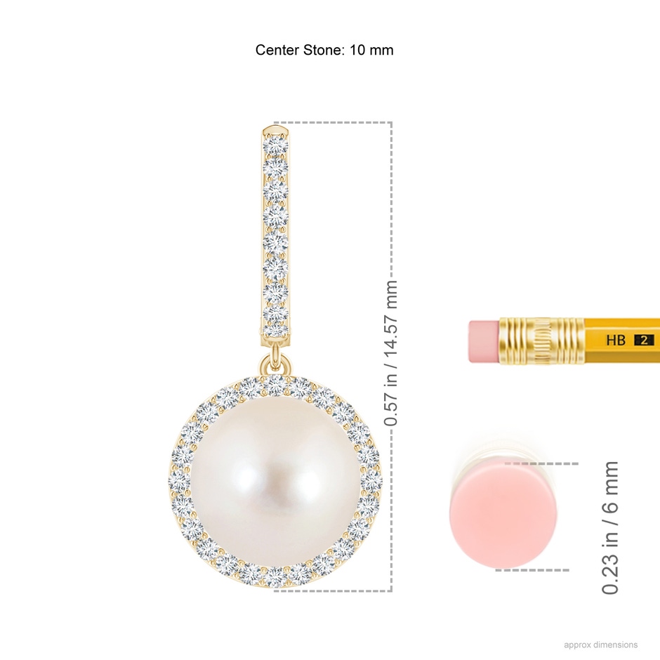 10mm AAAA Freshwater Pearl Halo Drop Earrings in Yellow Gold ruler