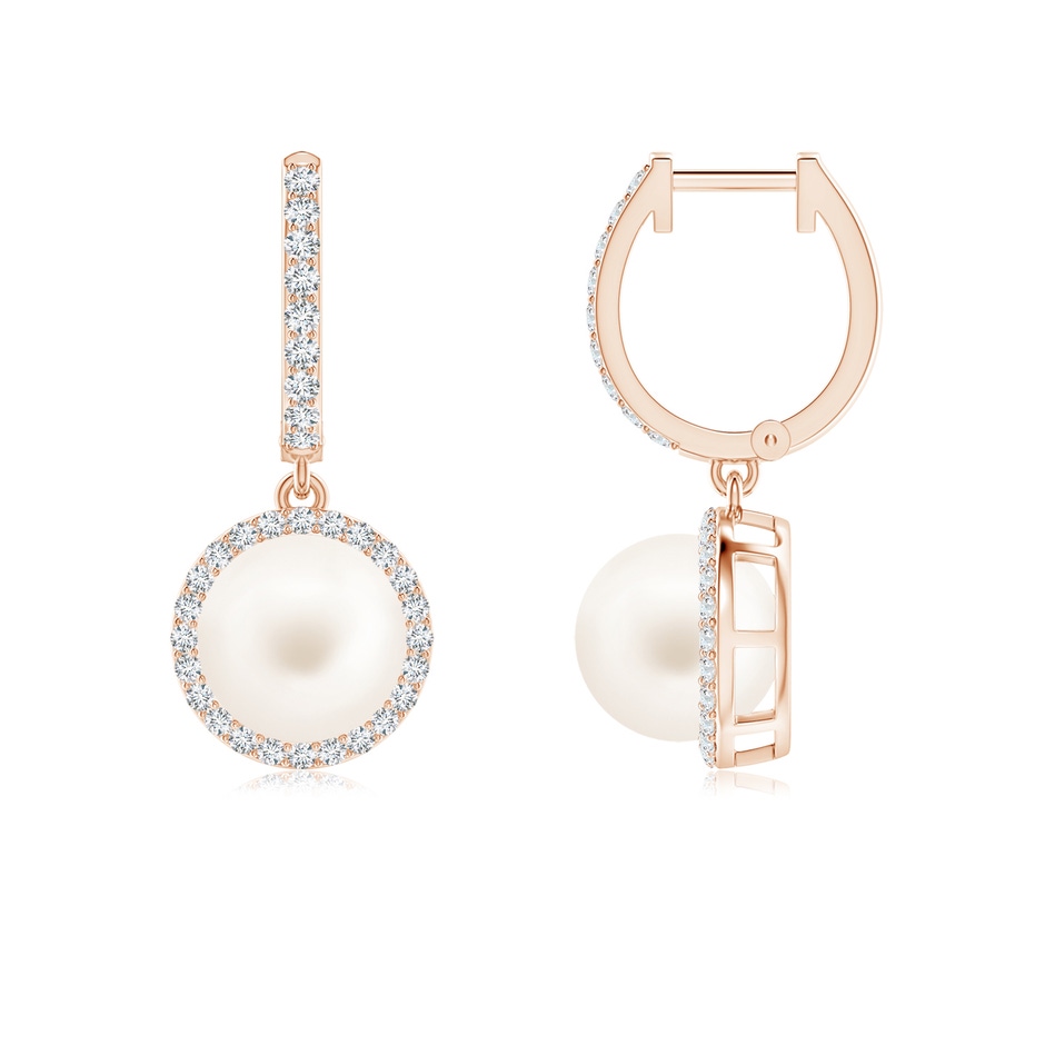 8mm AA Freshwater Pearl Halo Drop Earrings in Rose Gold 