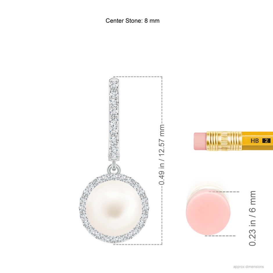 8mm AA Freshwater Pearl Halo Drop Earrings in White Gold ruler