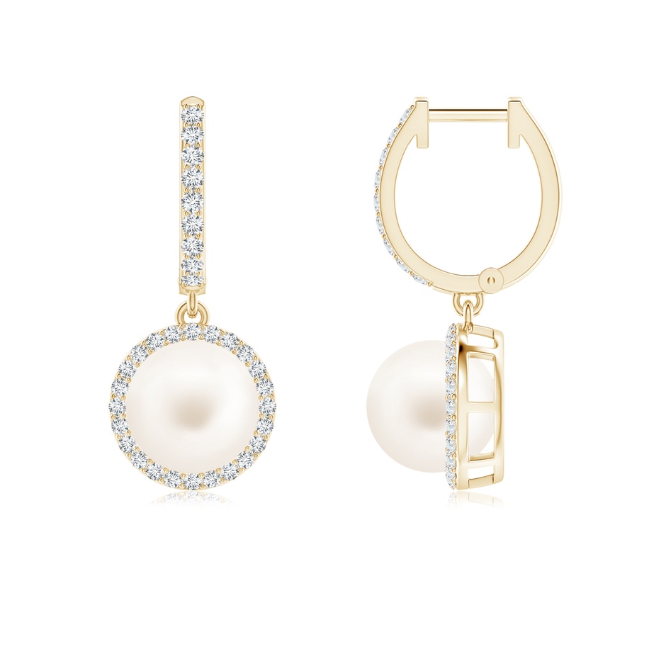 8mm AA Freshwater Pearl Halo Drop Earrings in Yellow Gold 