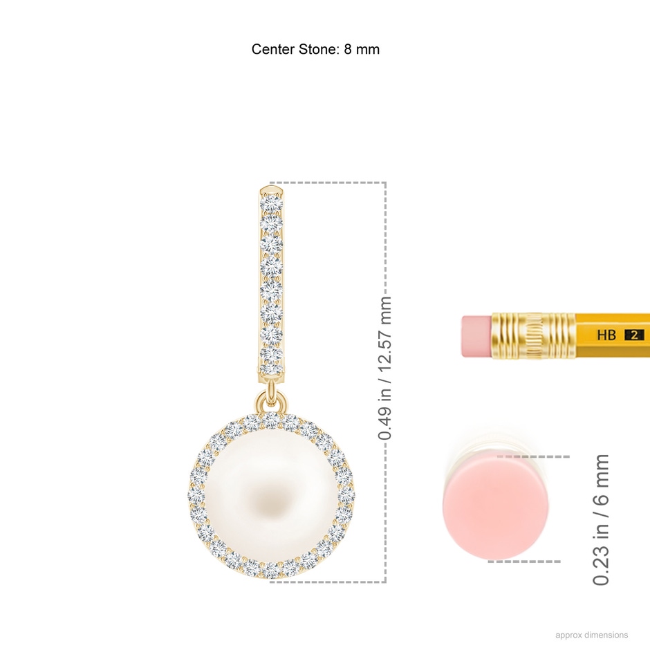 8mm AA Freshwater Pearl Halo Drop Earrings in Yellow Gold ruler