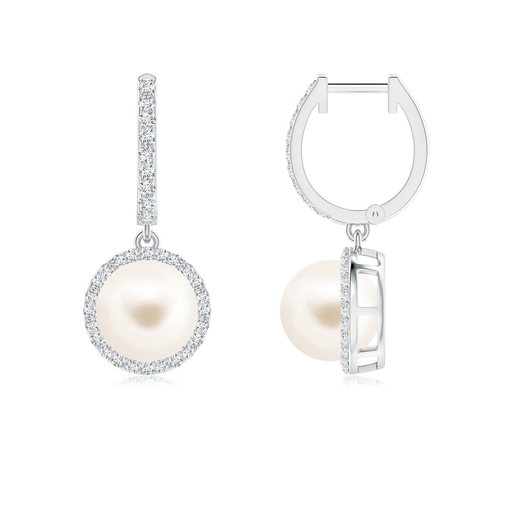 8mm AAA Freshwater Pearl Halo Drop Earrings in White Gold