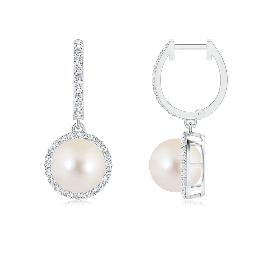 8mm AAAA Freshwater Pearl Halo Drop Earrings in White Gold 