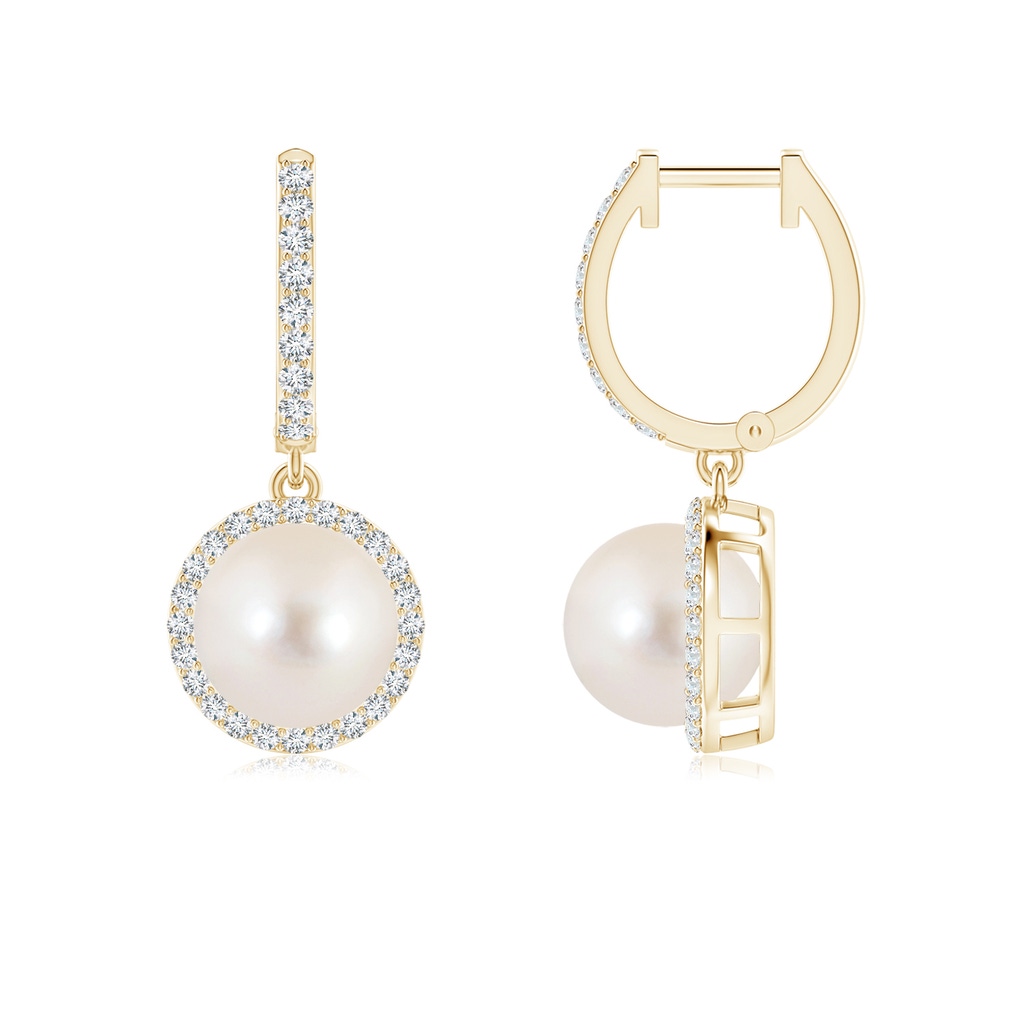 8mm AAAA Freshwater Pearl Halo Drop Earrings in Yellow Gold