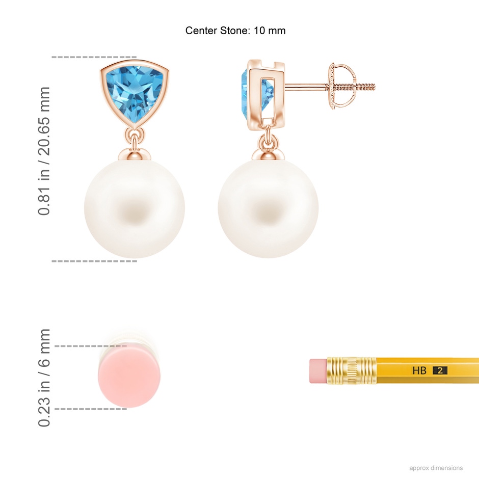 10mm AA Freshwater Pearl & Swiss Blue Topaz Drop Earrings in Rose Gold ruler
