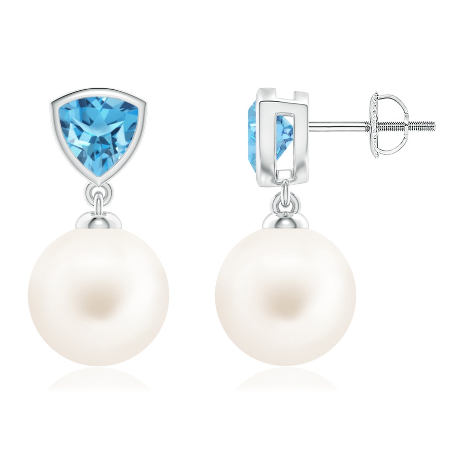 10mm AA Freshwater Pearl & Swiss Blue Topaz Drop Earrings in White Gold 