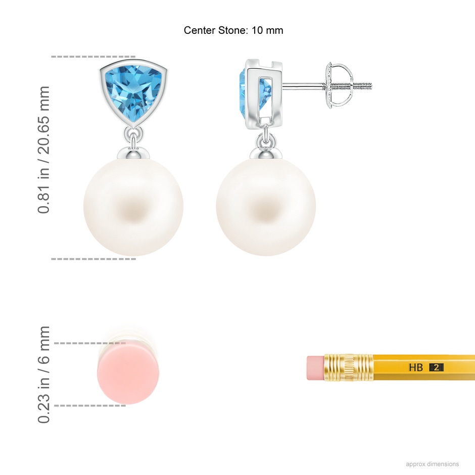 10mm AA Freshwater Pearl & Swiss Blue Topaz Drop Earrings in White Gold ruler