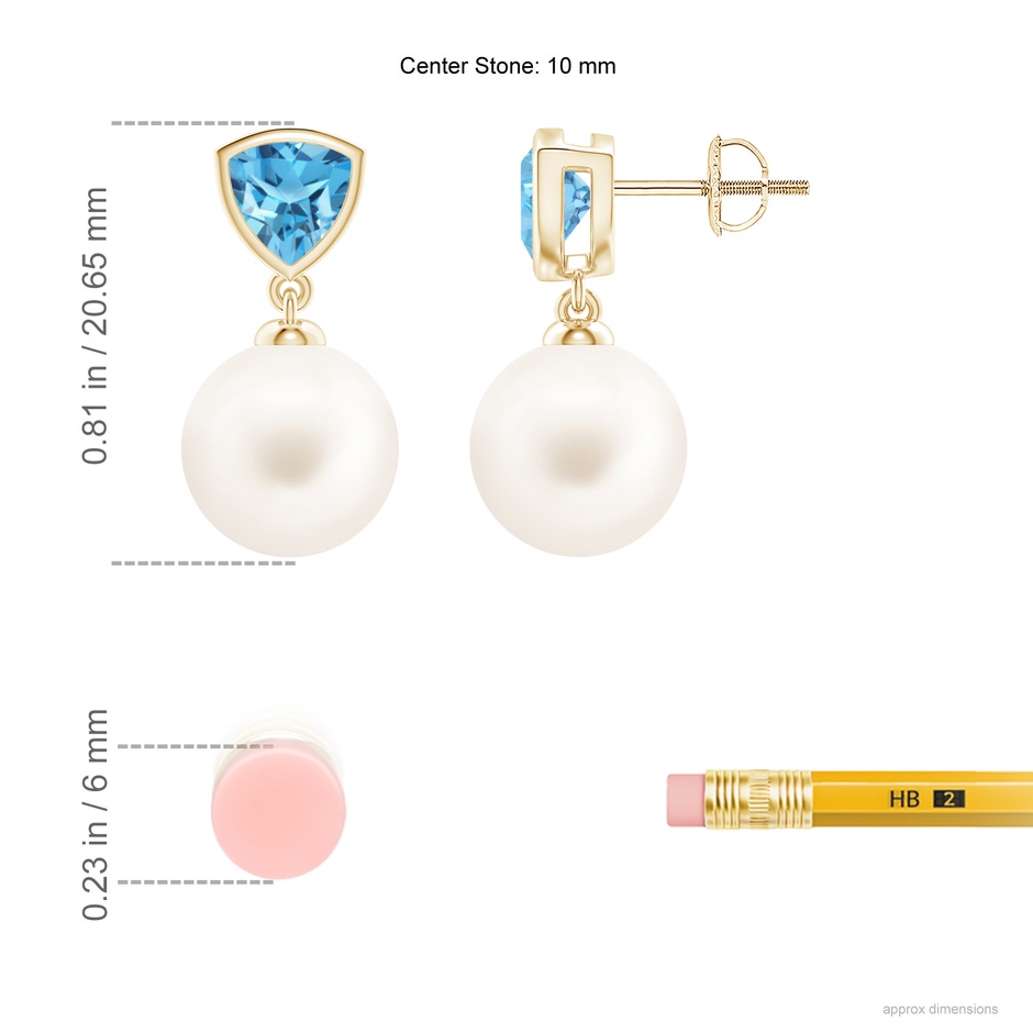 10mm AA Freshwater Pearl & Swiss Blue Topaz Drop Earrings in Yellow Gold ruler