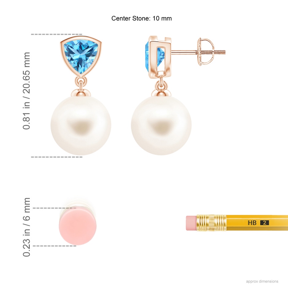10mm AAA Freshwater Pearl & Swiss Blue Topaz Drop Earrings in Rose Gold ruler