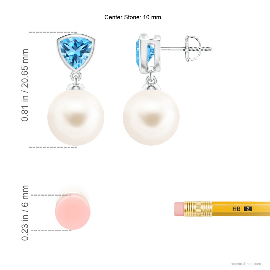 10mm AAA Freshwater Pearl & Swiss Blue Topaz Drop Earrings in White Gold ruler