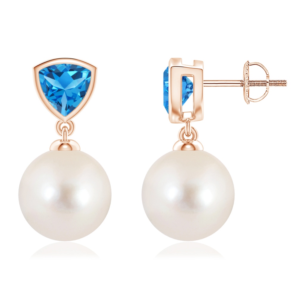 10mm AAAA Freshwater Pearl & Swiss Blue Topaz Drop Earrings in Rose Gold