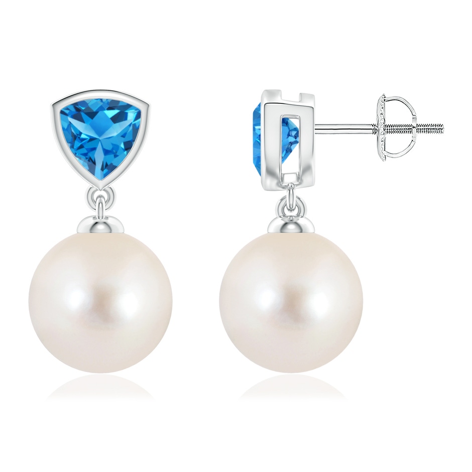 10mm AAAA Freshwater Pearl & Swiss Blue Topaz Drop Earrings in White Gold 