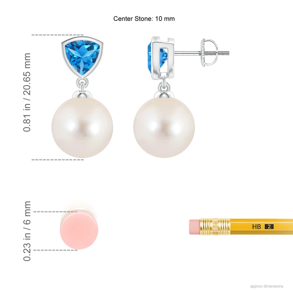 10mm AAAA Freshwater Pearl & Swiss Blue Topaz Drop Earrings in White Gold ruler
