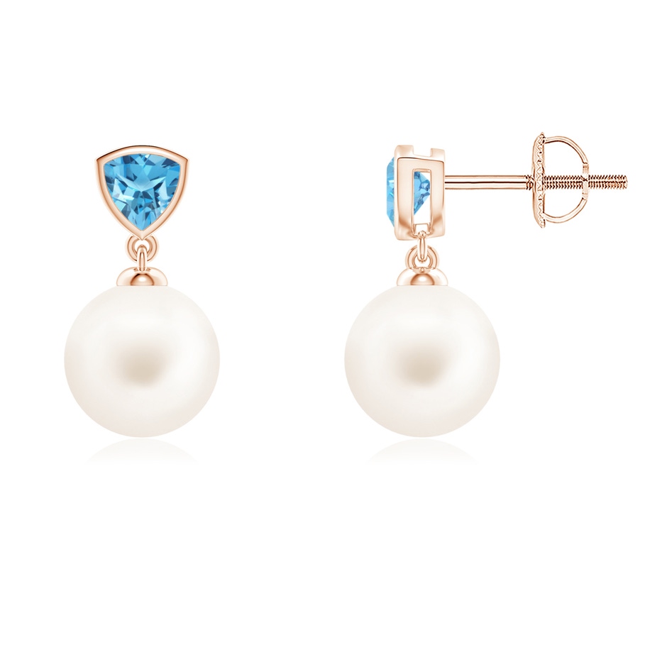 8mm AA Freshwater Pearl & Swiss Blue Topaz Drop Earrings in Rose Gold 