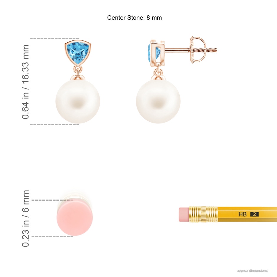 8mm AA Freshwater Pearl & Swiss Blue Topaz Drop Earrings in Rose Gold ruler