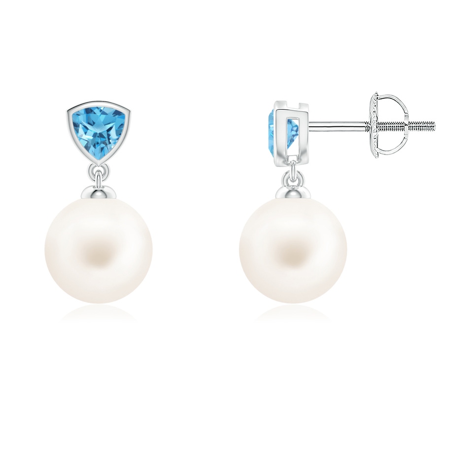 8mm AA Freshwater Pearl & Swiss Blue Topaz Drop Earrings in White Gold 