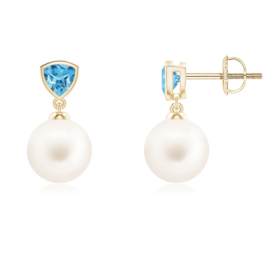 8mm AA Freshwater Pearl & Swiss Blue Topaz Drop Earrings in Yellow Gold 