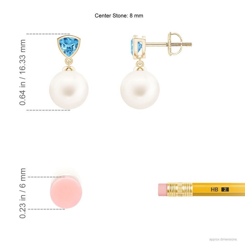 8mm AA Freshwater Pearl & Swiss Blue Topaz Drop Earrings in Yellow Gold ruler