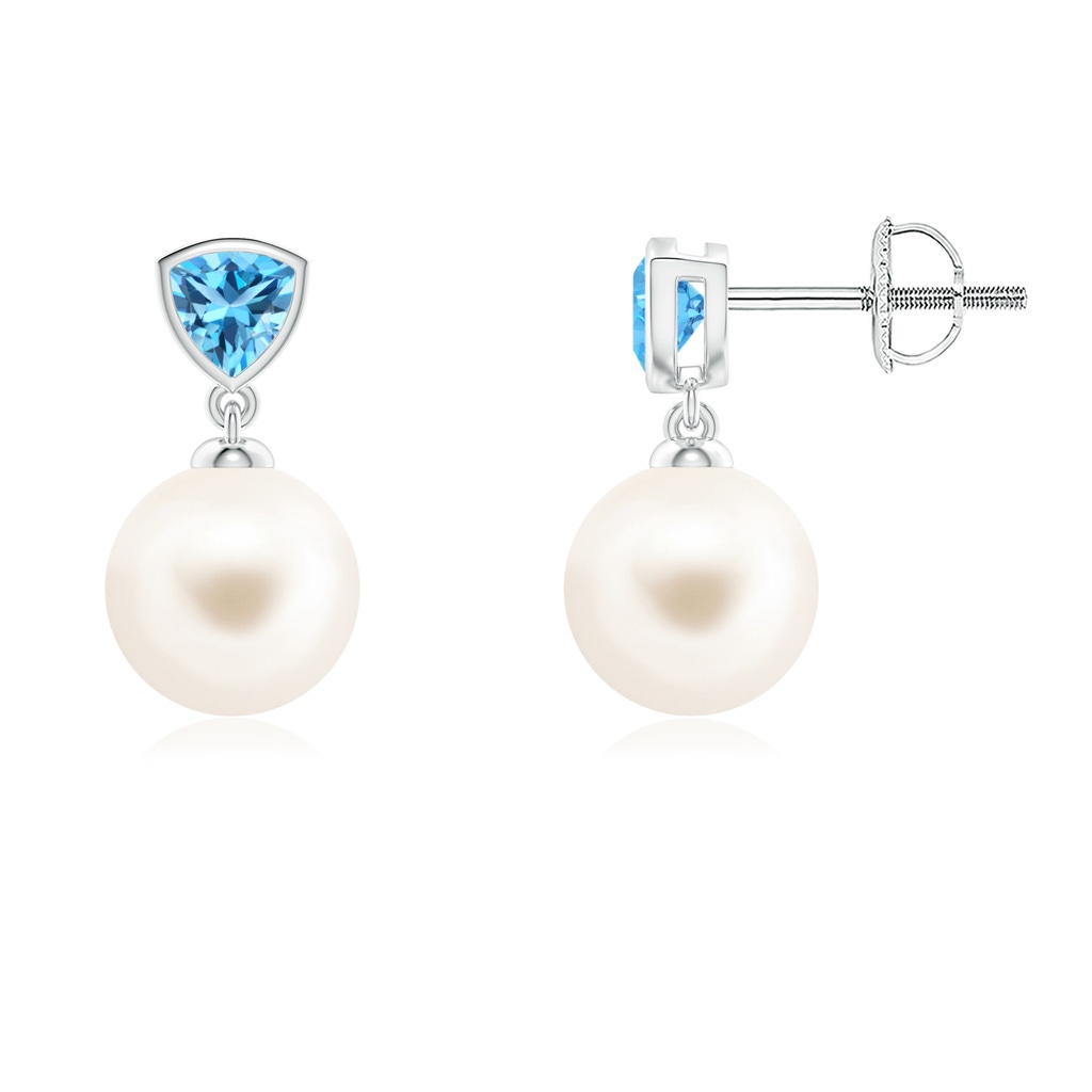 8mm AAA Freshwater Pearl & Swiss Blue Topaz Drop Earrings in White Gold
