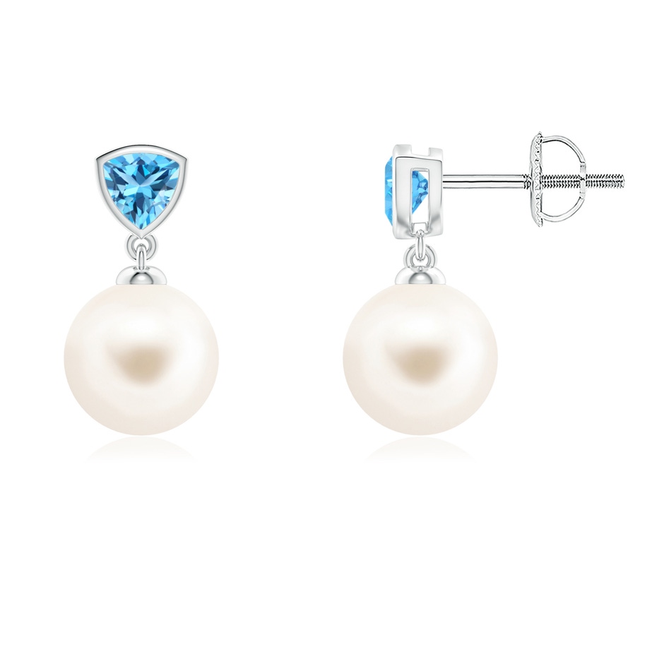 8mm AAA Freshwater Pearl & Swiss Blue Topaz Drop Earrings in White Gold 