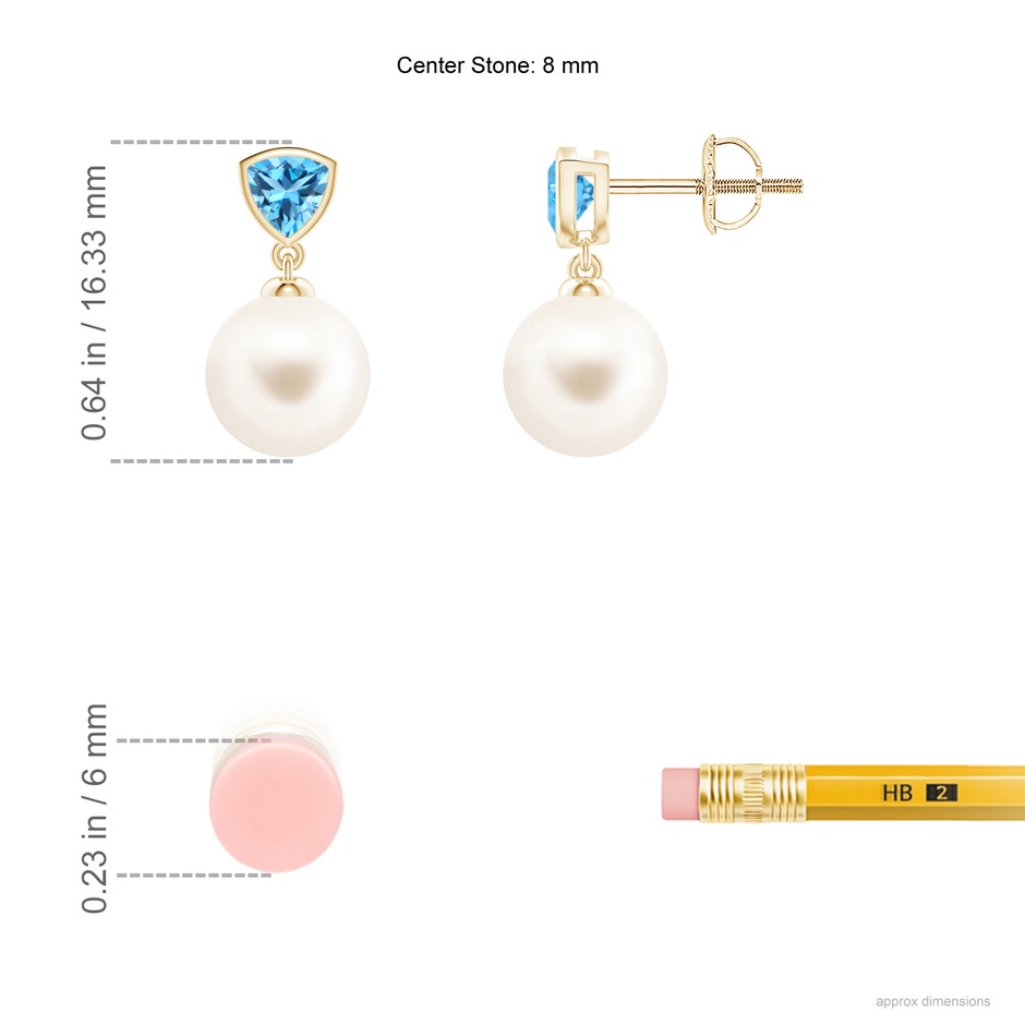 8mm AAA Freshwater Pearl & Swiss Blue Topaz Drop Earrings in Yellow Gold ruler