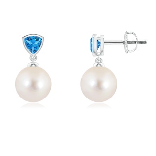 8mm AAAA Freshwater Pearl & Swiss Blue Topaz Drop Earrings in White Gold