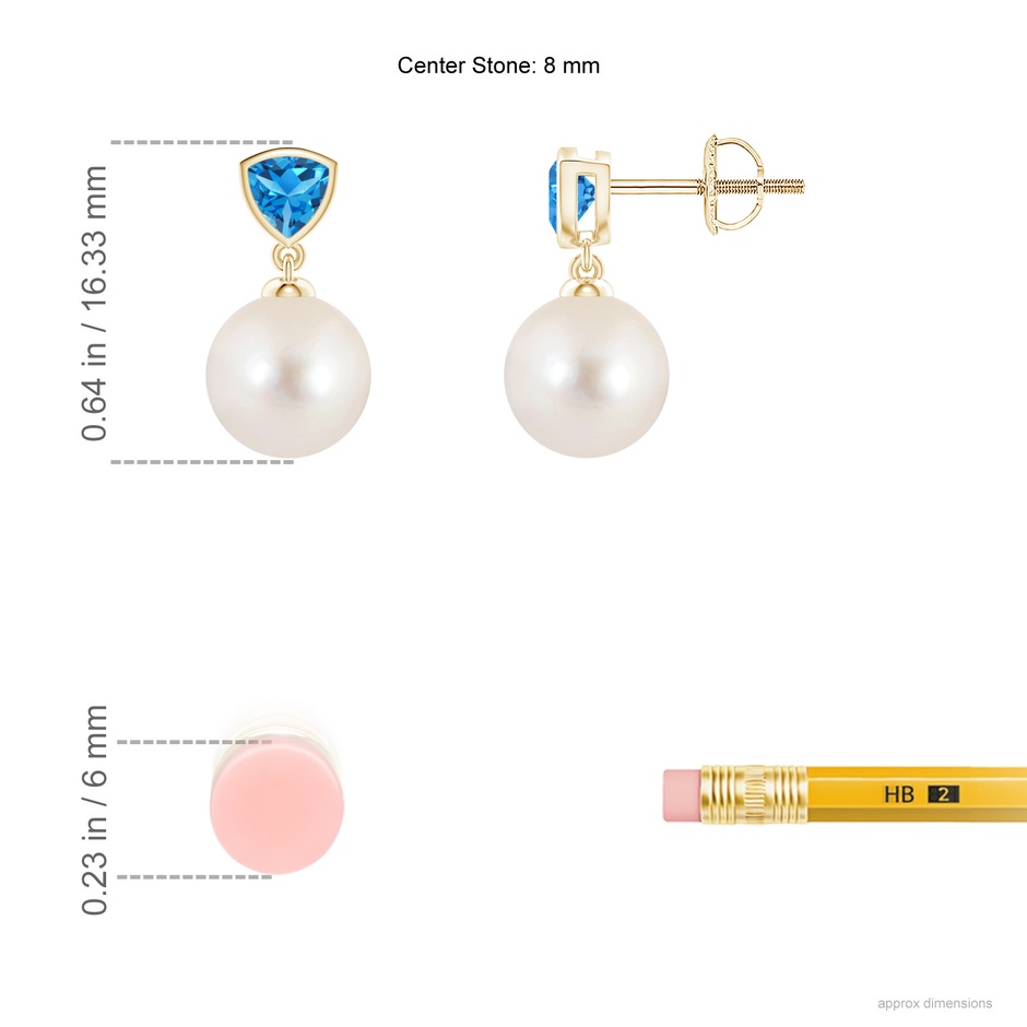 8mm AAAA Freshwater Pearl & Swiss Blue Topaz Drop Earrings in Yellow Gold ruler