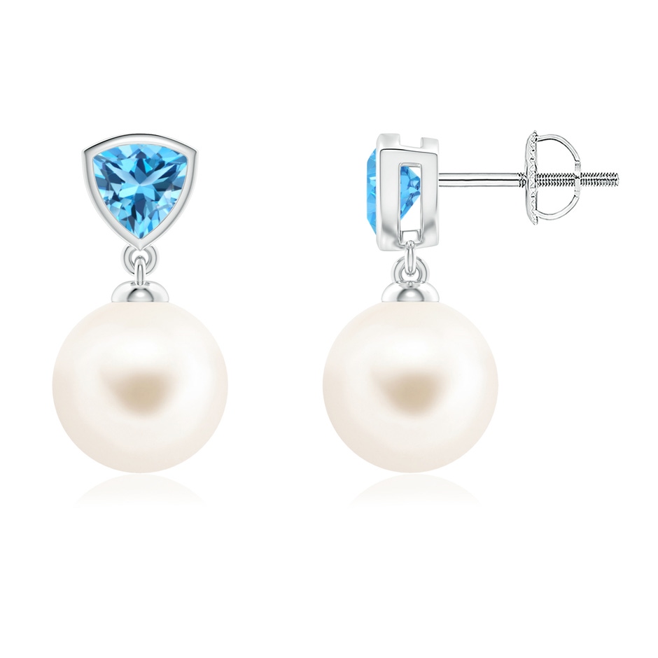 9mm AAA Freshwater Pearl & Swiss Blue Topaz Drop Earrings in White Gold 