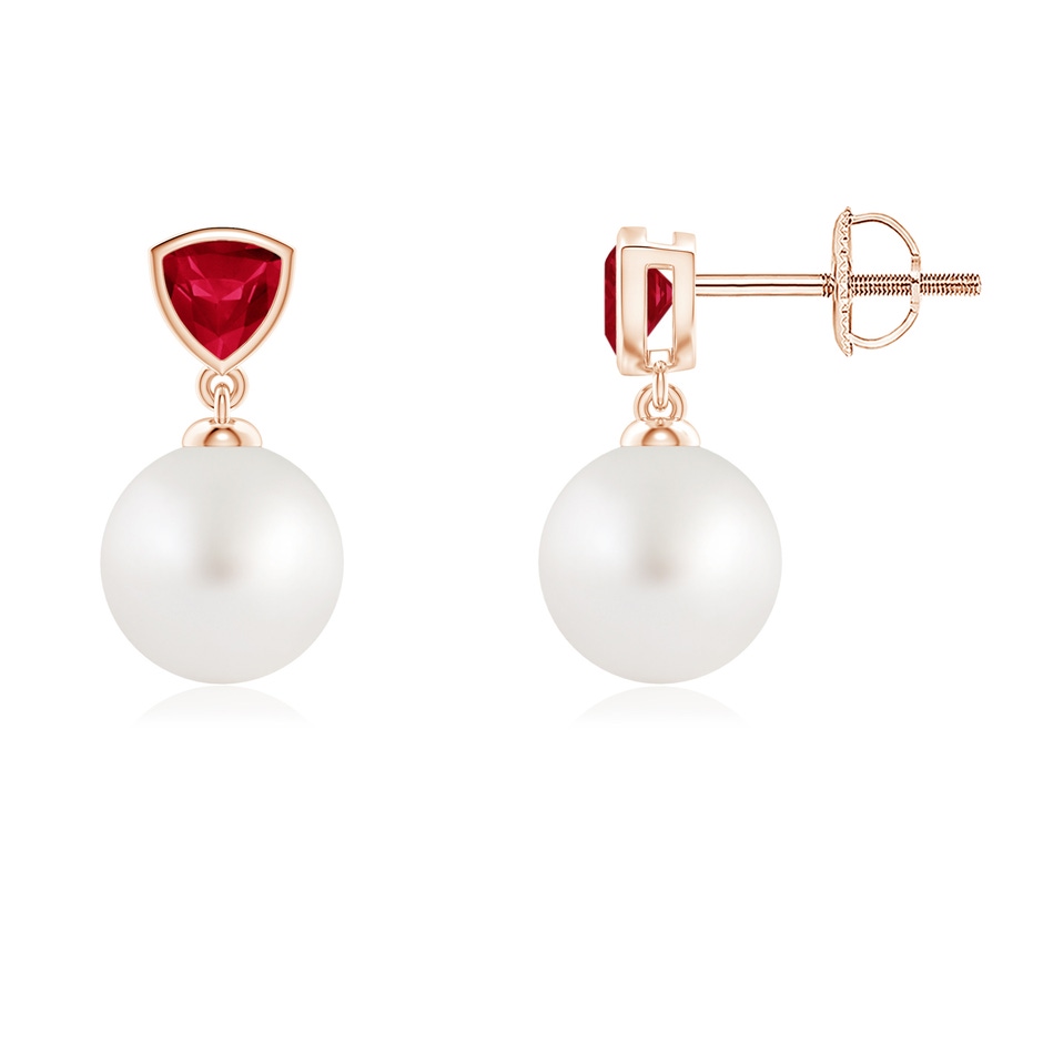 8mm AA South Sea Pearl & Trillion Ruby Drop Earrings in Rose Gold 