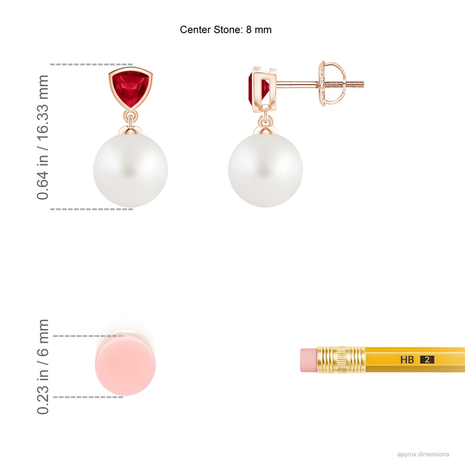 8mm AA South Sea Pearl & Trillion Ruby Drop Earrings in Rose Gold ruler