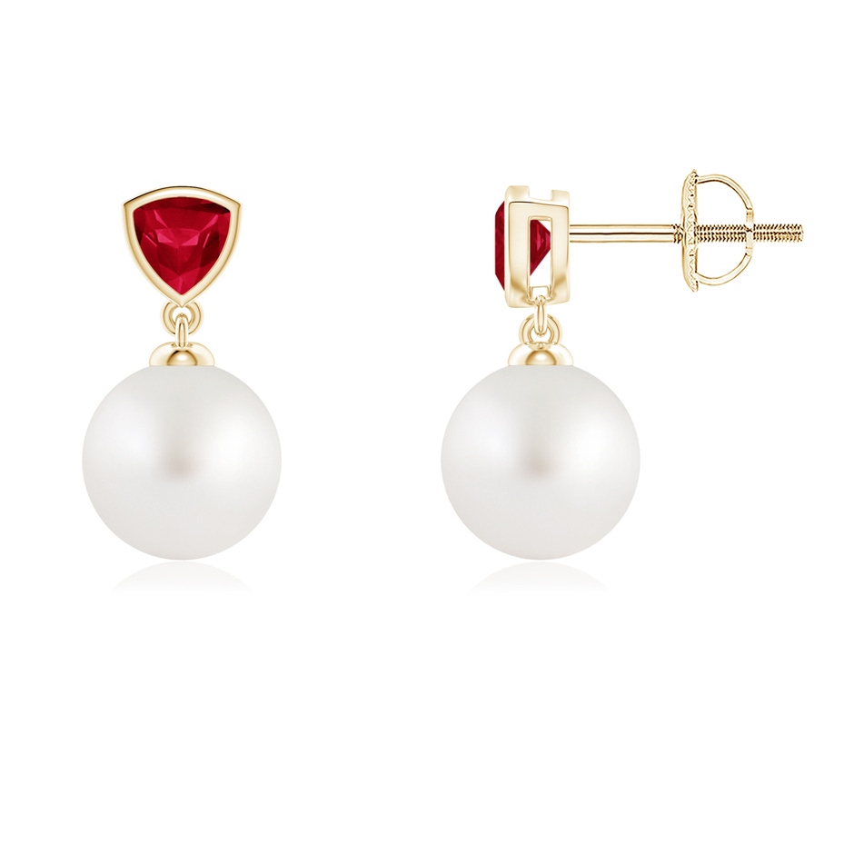8mm AA South Sea Pearl & Trillion Ruby Drop Earrings in Yellow Gold 