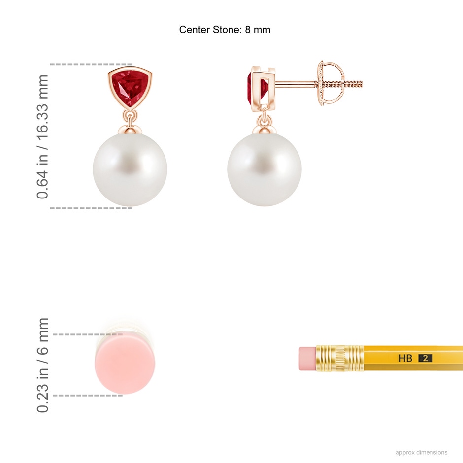 8mm AAA South Sea Pearl & Trillion Ruby Drop Earrings in Rose Gold ruler