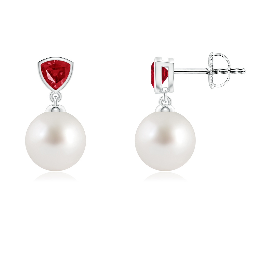 8mm AAA South Sea Pearl & Trillion Ruby Drop Earrings in White Gold