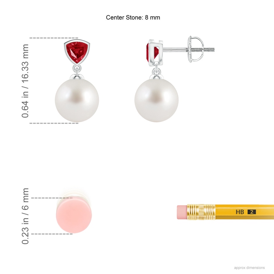 8mm AAA South Sea Pearl & Trillion Ruby Drop Earrings in White Gold ruler