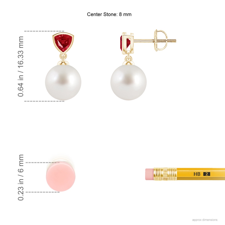 8mm AAA South Sea Pearl & Trillion Ruby Drop Earrings in Yellow Gold ruler