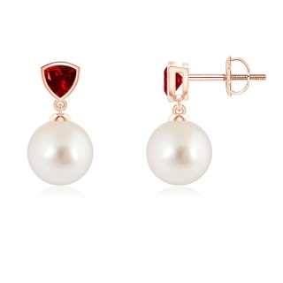 8mm AAAA South Sea Pearl & Trillion Ruby Drop Earrings in Rose Gold