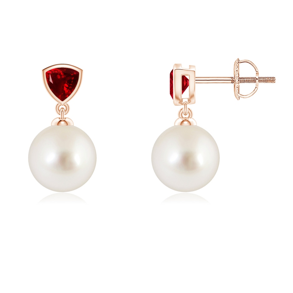 8mm AAAA South Sea Pearl & Trillion Ruby Drop Earrings in Rose Gold 