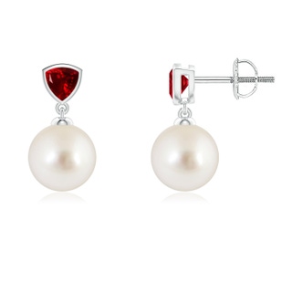 8mm AAAA South Sea Pearl & Trillion Ruby Drop Earrings in White Gold