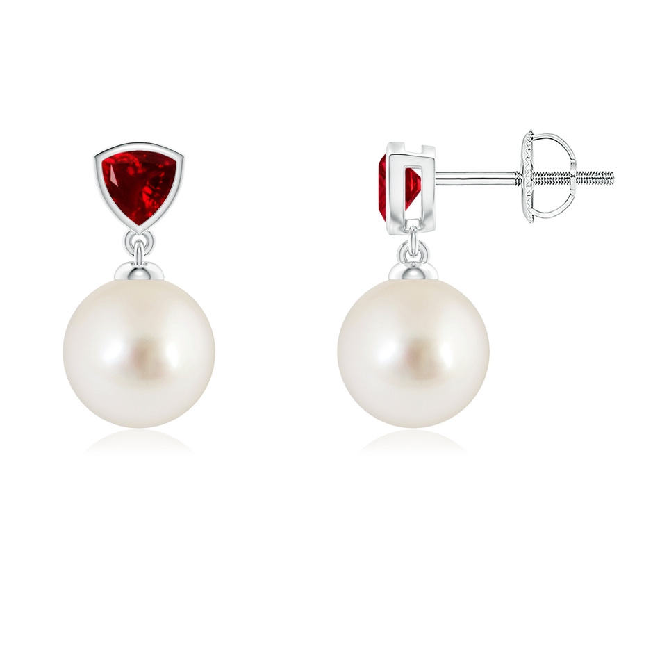 8mm AAAA South Sea Pearl & Trillion Ruby Drop Earrings in White Gold 
