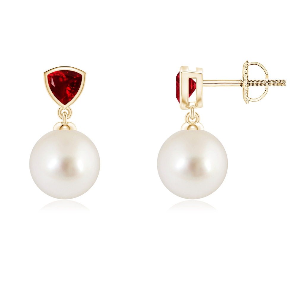 8mm AAAA South Sea Pearl & Trillion Ruby Drop Earrings in Yellow Gold