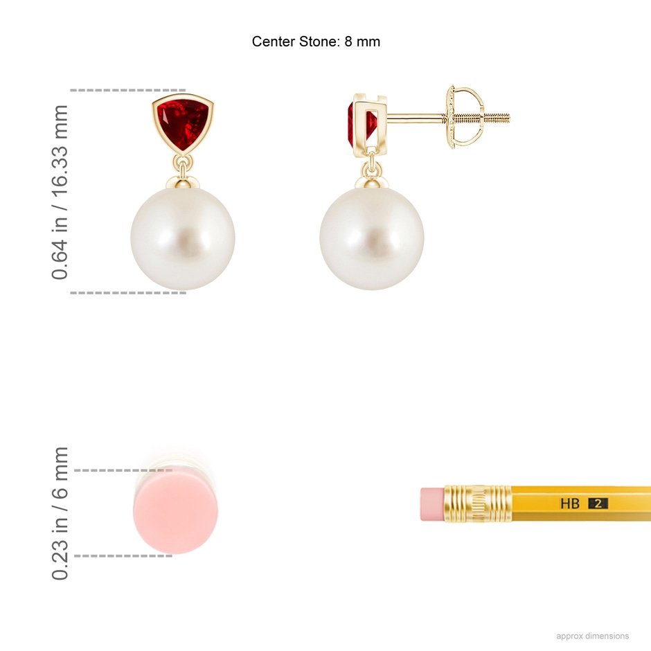 8mm AAAA South Sea Pearl & Trillion Ruby Drop Earrings in Yellow Gold ruler