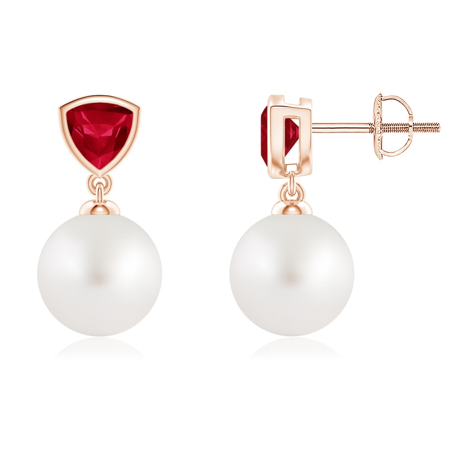 9mm AA South Sea Pearl & Trillion Ruby Drop Earrings in Rose Gold 
