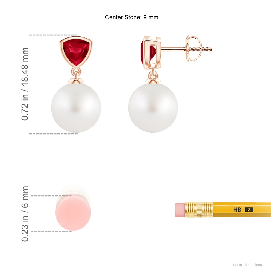 9mm AA South Sea Pearl & Trillion Ruby Drop Earrings in Rose Gold ruler